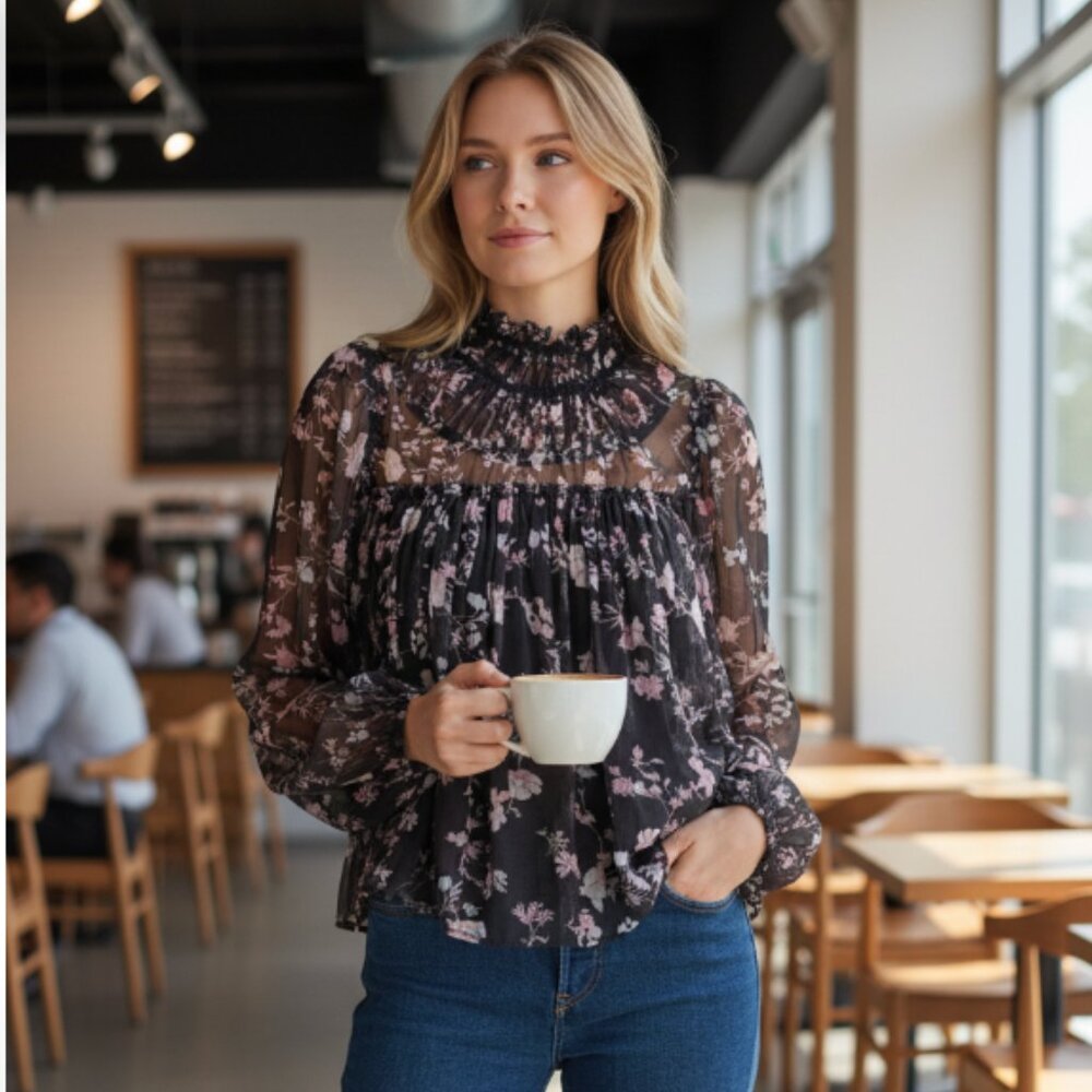 NWT FRENCH CONNECTION Diana Recycled Crinkle Burnout Long-Sleeved Blouse
